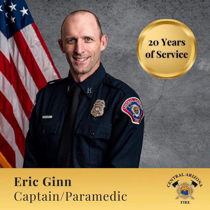 Golden graphic that includes Captain Ginn’s department photo with American flag. Text reads, “20 years of service”.