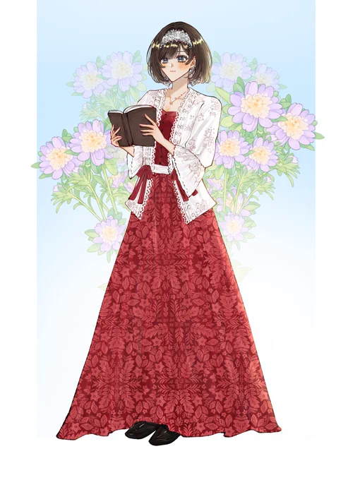 kebaya kutubaru dengan motif melati dan pita merah di kedua sisi. bando lace putih dan kebayanya juga lacy walau bkn brokat. roknya ngembang to add a victorian touch (sempat kepikir should i draw it more balloony(?) w/ crinoline in mind... but this is a HOUSE DRESS tho kyknya ribet klo di rmh jg pke crinoline?)

did you notice the batik? 😏 yes its arjuna's! cant take my mind off of the fact that batik juna ada melatinya, kakak adik gemas ini 🤏
