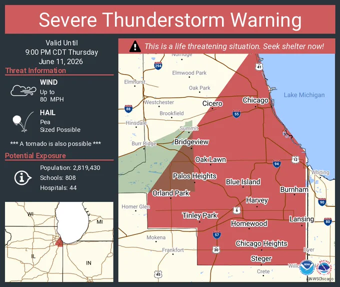 This graphic displays a severe thunderstorm warning plotted on a map. The warning is in effect until 9:00 PM CDT. The warning includes Chicago IL, Cicero IL and Orland Park IL.  This warning is for Southeastern Lake County Is Cancelled. The threats associated with this warning are wind gusts up to 80 MPH and pea sized hail. There are 2,819,430 people in the warning along with 808 schools and 44 hospitals.