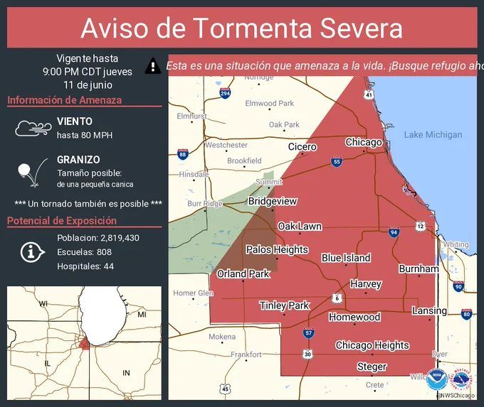 Este gráfico muestra la localización en el mapa de un aviso de tormenta severa. El aviso estará en efecto hasta las 9:00 PM CDT. El aviso incluye a Chicago IL, Cicero IL, Orland Park IL. El aviso incluye el sureste del condado de Cook . Las amenazas asociadas a este aviso son: ráfagas de viento de 80 MPH y granizo del tamaño de una pequeña canica. Hay 2,819,430 personas bajo este aviso incluyendo 808 escuelas y 44 hospitales.