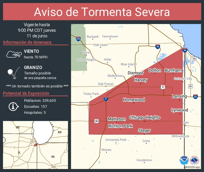 Este gráfico muestra la localización en el mapa de un aviso de tormenta severa. El aviso estará en efecto hasta las 9:00 PM CDT. El aviso incluye a Chicago Heights IL, Lansing IL, Harvey IL. El aviso incluye el sureste del condado de Cook . Las amenazas asociadas a este aviso son: ráfagas de viento de 70 MPH y granizo del tamaño de una pequeña canica. Hay 339,635 personas bajo este aviso incluyendo 157 escuelas y 5 hospitales.