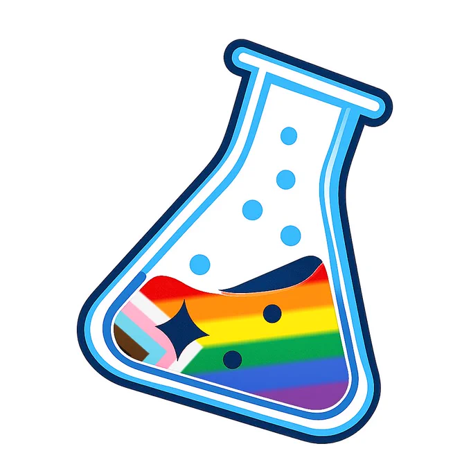 The Meta Lab logo (a beaker with bubbly liquid in it, tilted) has its liquid content replaced with the Progress variant of the Pride flag.