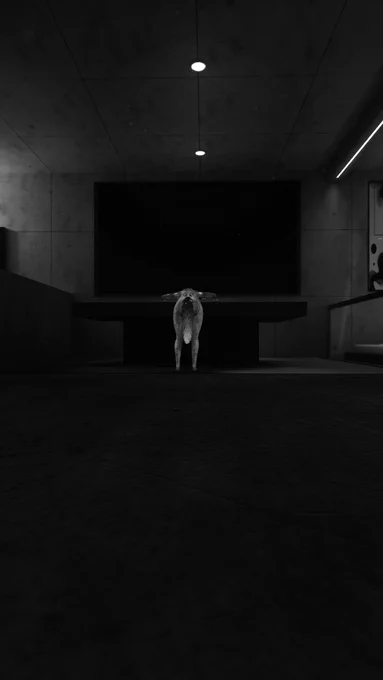 Tayuki, in the form of an otter kemonomimi, stands alone in a large living room. The term is relative, given the only furniture among the flat grey walls are a television and a nondescript stone table. She stands, bent over at a nearly 90 degree angle - back and legs straight - hands and head flat against the surface. 

She is alone.