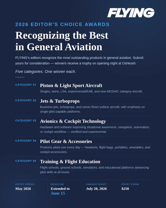 Promotional flyer for the 2026 FLYING Editor's Choice Awards, showcasing categories in general aviation. Event details and entry information included.