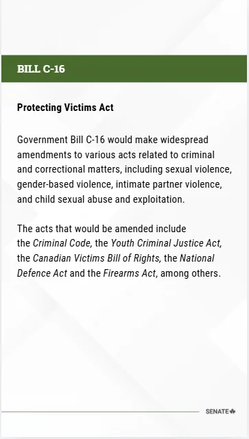 BILL C-16
Protecting Victims Act
 
Government Bill C-16 would make widespread amendments to various acts related to criminal and correctional matters, including sexual violence, gender-based violence, intimate partner violence, and child sexual abuse and exploitation.
 
The acts that would be amended include the Criminal Code, Youth Criminal Justice Act, the Canadian Victims Bill of Rights, the National Defence Act and the Firearms Act, among others.