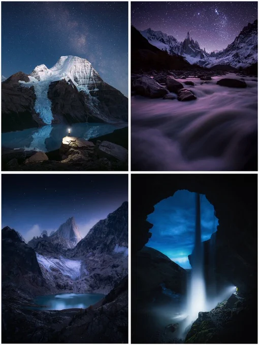Dramatic mountain landscapes with glaciers, flowing rivers, starry skies, and cascading waterfalls create a serene natural atmosphere.