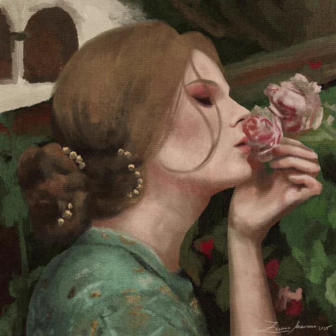 A self-portrait of a woman smelling roses. Her hair is tied up in a bun and she's dressed in green, the painting is done after John William Waterhouse's The Soul of the Rose