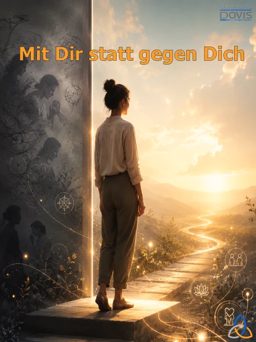 Symbolisches Hochformatbild mit der Überschrift „Mit Dir statt gegen Dich“. Eine Person steht an einer leuchtenden Schwelle zwischen zwei Welten. Links ist eine dunkle, graue Fläche mit schemenhaften Figuren, verworrenen Linien und Schatten zu sehen – als Sinnbild für Selbstzweifel, Vergleich, inneren Druck und den Versuch, gegen sich selbst zu funktionieren. Rechts öffnet sich eine warme, goldene Landschaft mit weitem Horizont, Licht, Wolken und einem geschwungenen Weg, der in die Ferne führt. Die Person blickt ruhig und nachdenklich in das Licht, als würde sie erkennen, dass Hindernisse nicht nur Gegner, sondern Schwellen sein können. Feine goldene Linien, Symbole und Lichtpunkte stehen für Stärken, Orientierung, Unterstützung und bewusste Selbstführung. Das Bild vermittelt Transformation, Selbstannahme und den Übergang von innerem Kampf zu verantwortlicher Wirksamkeit.