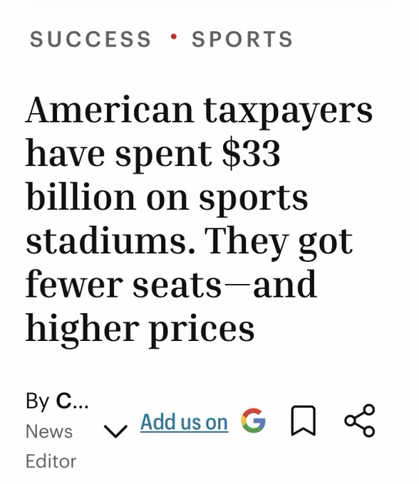 Headline: American taxpayers have spent $33 billion on sports stadiums. They got fewer seats — and higher prices