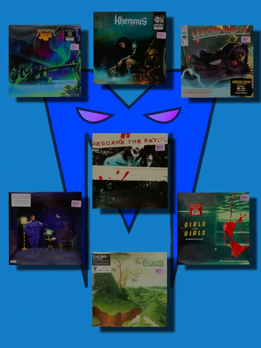 A collection of seven vinyl album covers displayed on a vibrant blue background with a stylized face design. The covers feature various artistic styles and themes.