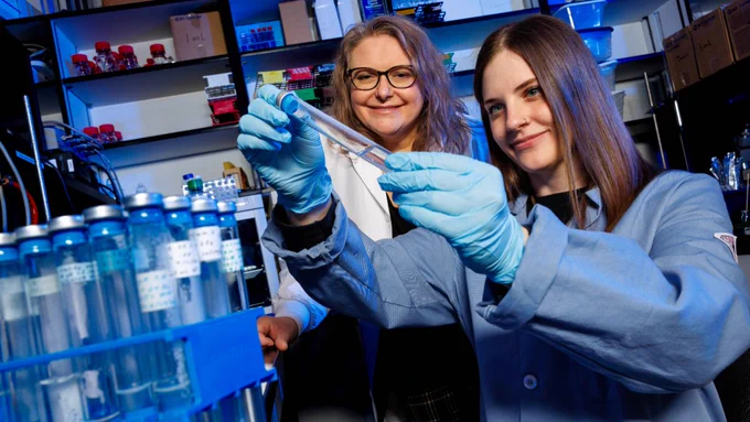 Two researchers wearing blue nitrile gloves and lab coats examine a clear test tube together in a laboratory bathed in blue light. Shelves stocked with labeled sample vials and laboratory supplies are visible in the background.
