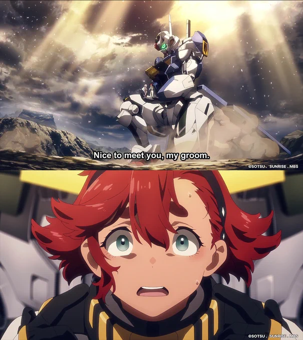 Two images from Mobile Suit Gundam the Witch from Mercury. The top image features Suletta and Miorine standing on Aerial's leg as the mobile suit kneels. Text underneath reads, \"Nice to meet you, my groom. The bottom image features a close-up of Suletta's face with a shocked expression.