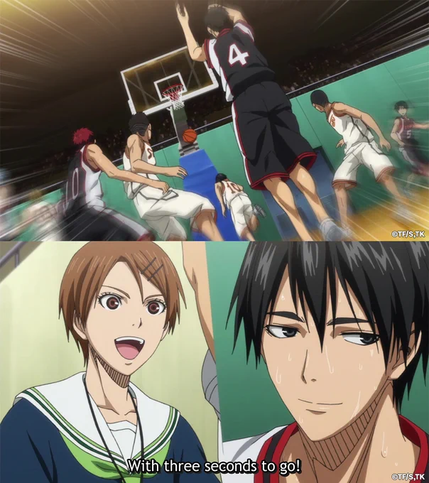 Two images from Kuroko's Basketball Season 1. The top image features Junpei Hy\u016Bga sinking a game-winning shot. The bottom image features a split-screen of Riko Aida and Rinnosuke Mitobe smiling with text underneath that reads, \"With three seconds to go!\"