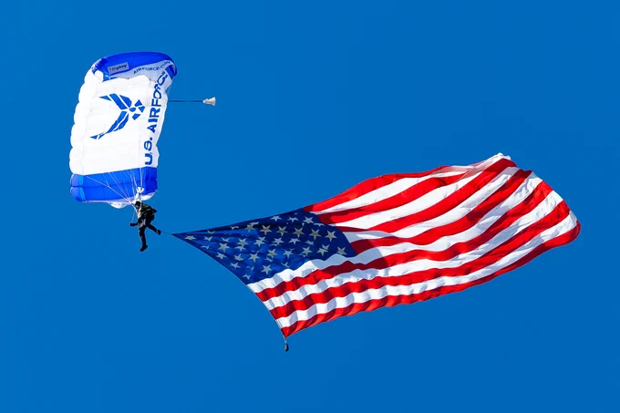 A person parachuting at the U.S. Air Force Academy.