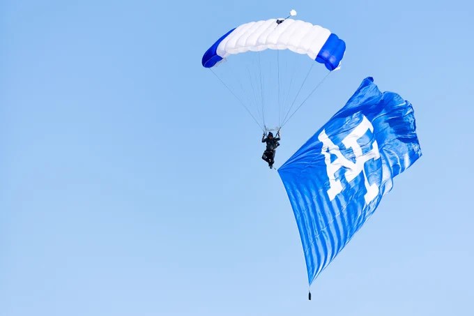 A person parachuting at the U.S. Air Force Academy.