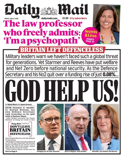 Military leaders warn we haven't faced such a global threat for generations. Yet Starmer and Reeves have put welfare and Net Zero before national security. As the Defence Secretary and his No2 quit over a funding rise of just 0.08%...
GOD HELPUS