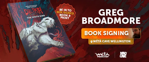 Banner image for Greg Broadmore book signing: Weta Cave Wellington. The book cover is showcased at left, featuring a detailed illustration of a large, white tyrannosaurus rex head, mouth open and roaring. 