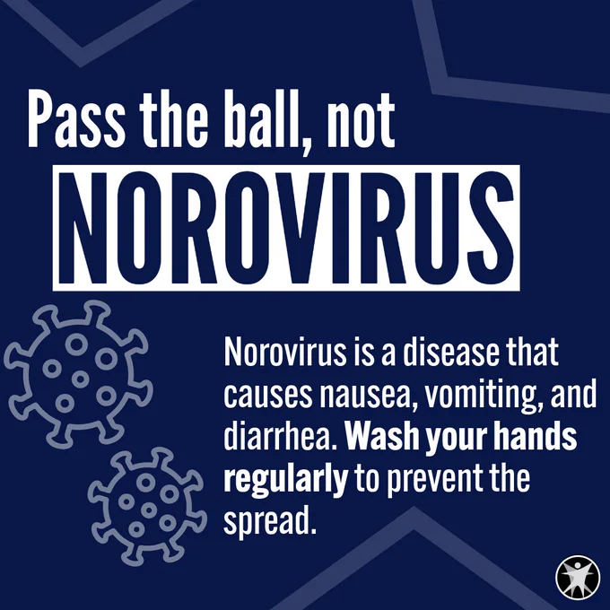Pass the ball, not NOROVIRUS. Norovirus is a disease that causes nausea, vomiting, and diarrhea. Wash your hands regularly to prevent the spread. Wisconsin Department of Health Services logo. 