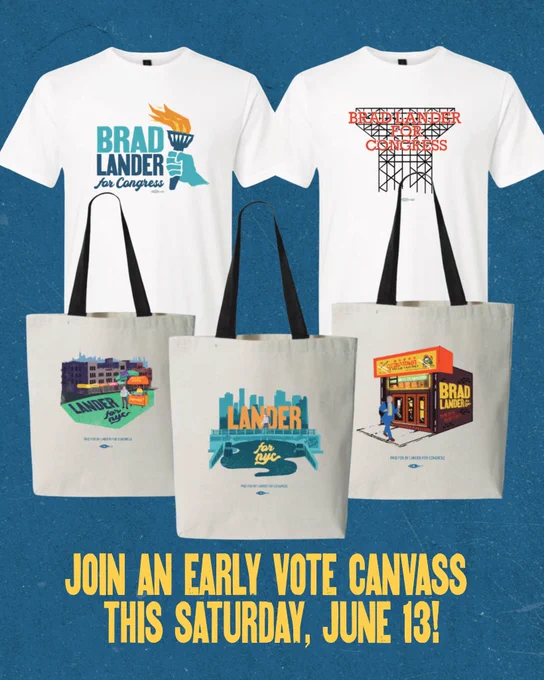 Graphic that features our new t-shirts and tote bags. Join an Early Vote Canvass on Saturday, June 13!