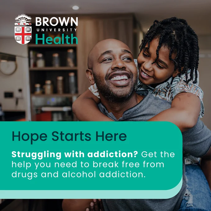 A man smiling while a young child is riding on his back. Text reads: Hope starts here. Struggling with addiction? Get the help you need to break free from drugs and alcohol addiction.