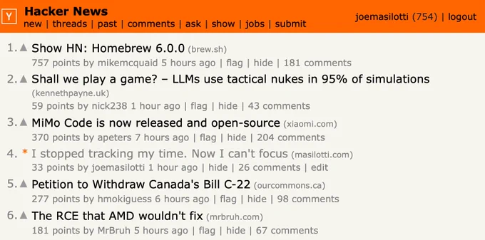 Screenshot of the front page of Hacker News, showing "I stopped tracking my time. Now I can't focus." with an asterisk and grayed out, showing the link has been visited.