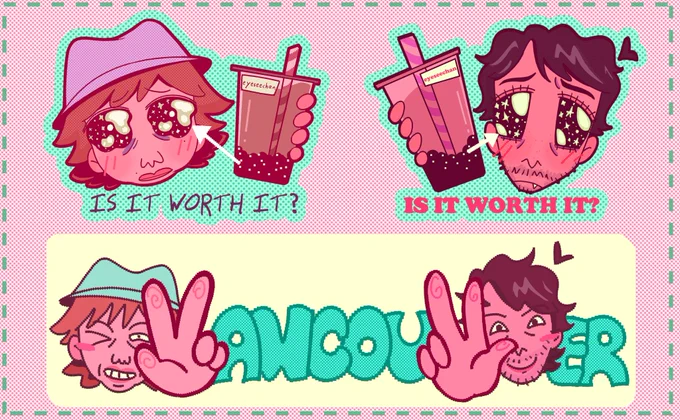 Nirvanna the Band the Show stickers that will be handed out at the Vancouver lookalike contest at Dude Chilling Park on Saturday, June 13 at 1pm. There are cute versions of Matt and Jay holding bubble tea with an arrow coming from the boba pointing at their eyes with the question "is it worth it?". There is also a Vancouver sticker with Matt and Jay making peace signs to replace the letter V.