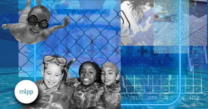 A collage of stock images of pool floors and decks in electric hues of blue. On top of black & white clippings of kids swimming.