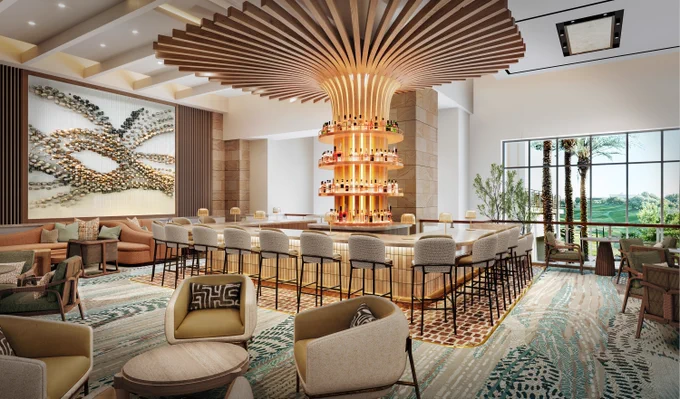 PCL Construction lobby lounge bar at The Westin Kierland Resort & Spa renovation in Scottsdale Arizona featuring a three-tier bar and sculptural wood ceiling
