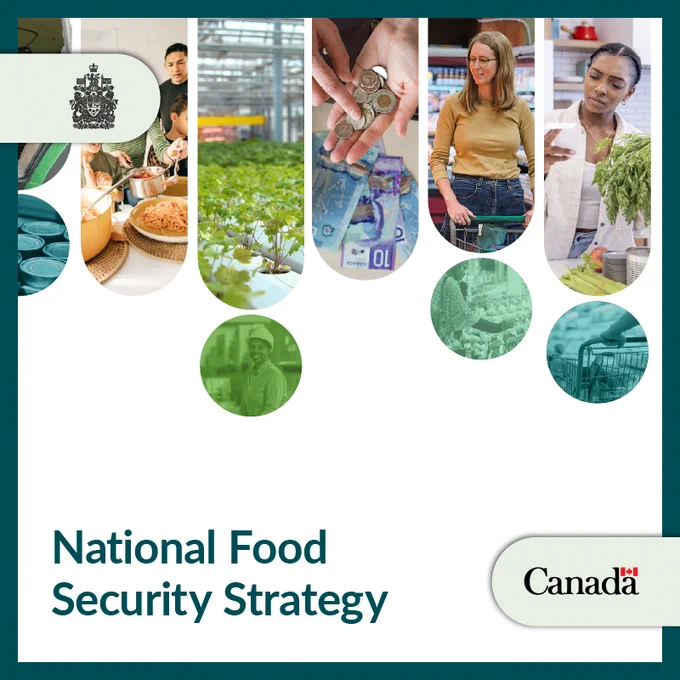 A family eating dinner, greenhouse crops, Canadian currency, and people grocery shopping. Text: National Food Security Strategy.