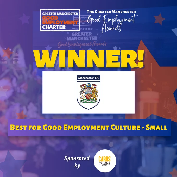 The Greater Manchester Good Employment Awards Winner – Manchester Football Association (Logo) – Best for Good Employment Culture – Small. Sponsored by Carrs Pasties.