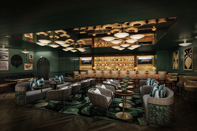 PCL Construction hidden speakeasy at The Westin Kierland Resort & Spa in Scottsdale Arizona with ambient lighting patterned seating and intimate bar setting
