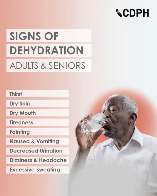 CDPH poster listing signs of dehydration in adults and seniors, including thirst, dry skin, dry mouth, fainting, nausea, decreased urination, dizziness, and excessive sweating. Features an image of a person drinking water.