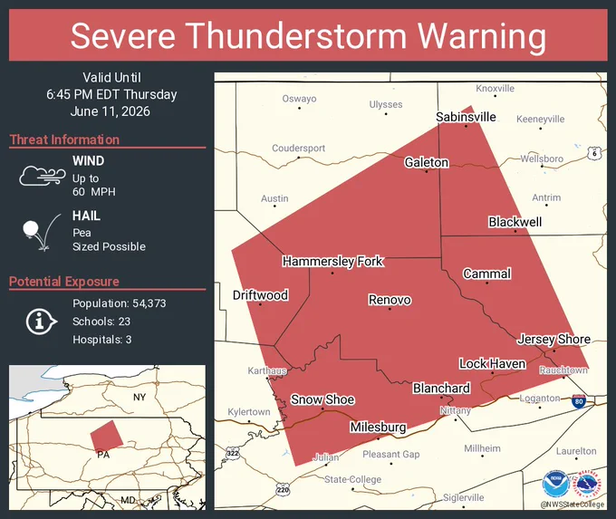 This graphic displays a severe thunderstorm warning plotted on a map. The warning is in effect until 6:45 PM EDT. The warning includes Lock Haven PA, Jersey Shore PA and Mill Hall PA.  This warning is for Eastern Cameron County in north central Pennsylvania, Central Centre County in central Pennsylvania, Northeastern Clearfield County in central Pennsylvania, Clinton County in north central Pennsylvania, Western Lycoming County in north central Pennsylvania, Southern Potter County in north central Pennsylvania and Southwestern Tioga County in north central Pennsylvania. The threats associated with this warning are wind gusts up to 60 MPH and pea sized hail. There are 54,373 people in the warning along with 23 schools and 3 hospitals.