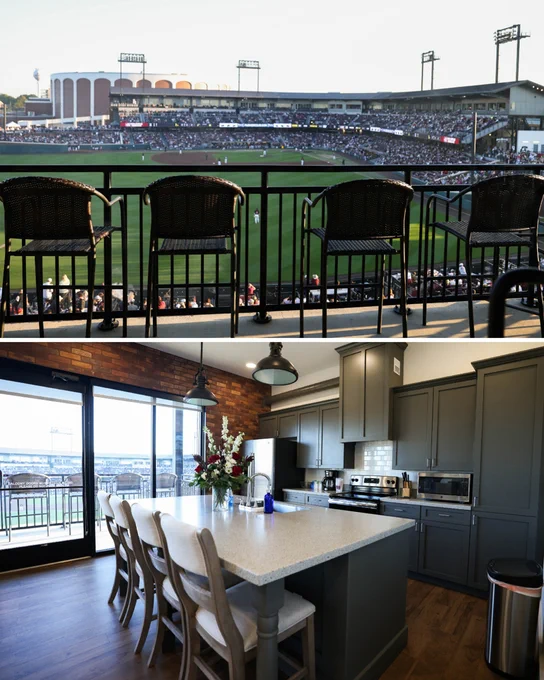 Top photo: View from a balcony overlooking Dudy Noble Field at Mississippi St.
Bottom photo: The kitchen area in an apartment at Dudy Noble Field.