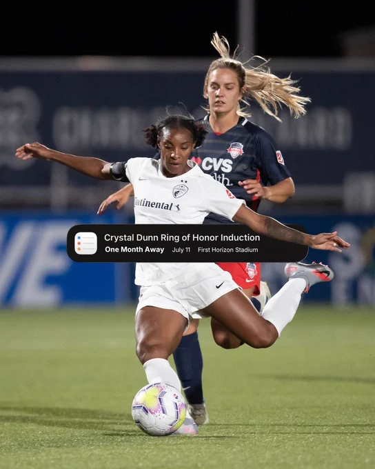 Photo of Crystal Dunn with info: Ring of Honor Induction. One month away. July 11. First Horizon Stadium.