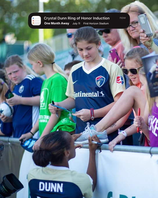 Photo of Crystal Dunn with info: Ring of Honor Induction. One month away. July 11. First Horizon Stadium.