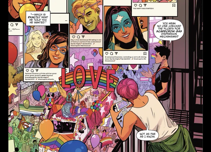 In a pride panel, there’s an instagram post with Dawnstar saying “Bi and proud Dawnstar, reminding us we’re all shining stars!”