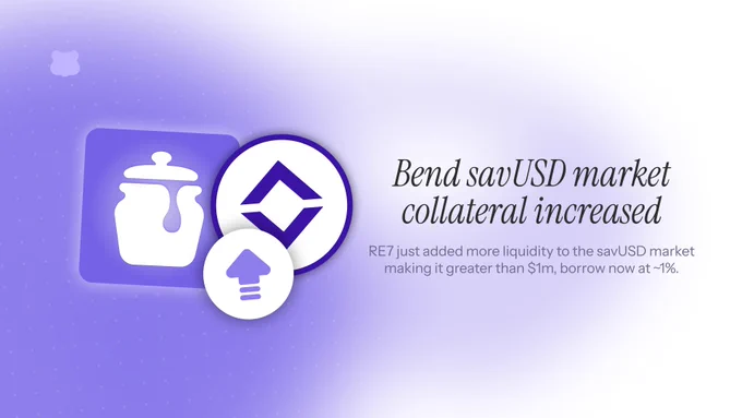 Bend savUSD market displays icons highlighting increased liquidity and borrowing opportunities exceeding $1 million at approximate 1% rates.