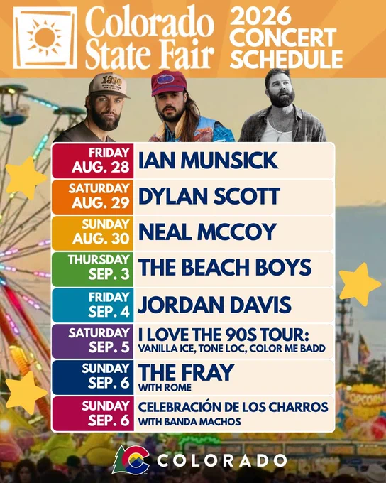 2026 Colorado State Fair concert lineup featuring Ian Munsick, Dylan Scott, Neal McCoy, and The Beach Boys among others.