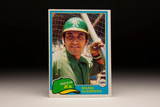 Front of 1981 Topps card showing Mario Guerrero wearing an Athletics helmet and jacket leaning against a batting cage. (Topps baseball card photographed by Milo Stewart Jr./National Baseball Hall of Fame and Museum)