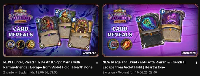 the image shows the 2 next schedules shows from the official Hearthstone Youtube channel