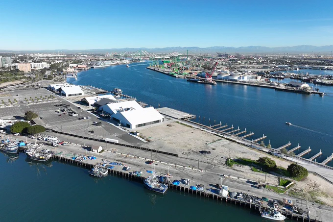 Aerial shot of West Harbor at the Port of Los Angeles