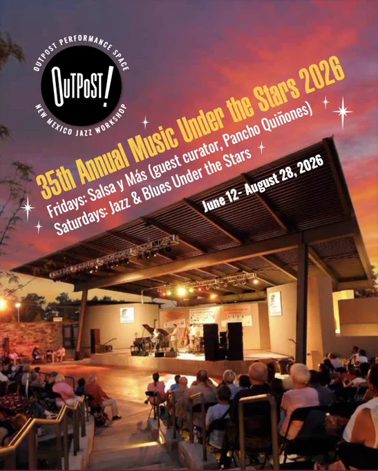 Outdoor concert at sunset with audience enjoying live jazz and salsa performances under a wooden pavilion.
