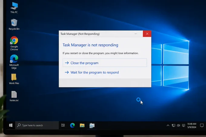 Windows desktop frozen with Task Manager not responding error, illustrating system lockups caused by hardware instability or performance issues.