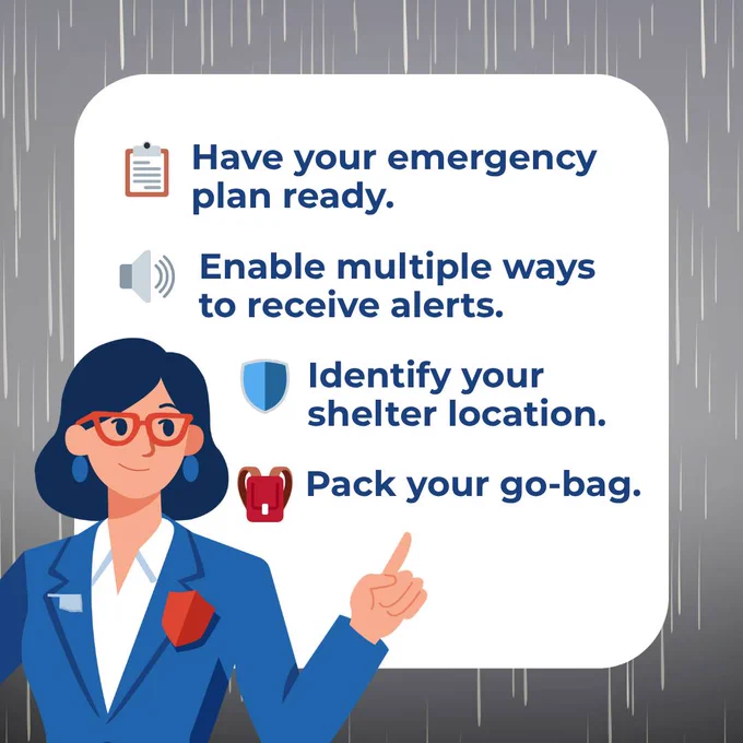 The image features a person pointing to a message about emergency preparedness. The message includes tips: "Have your emergency plan ready," "Enable multiple ways to receive alerts," "Identify your shelter location," and "Pack your go-bag." The background includes a pattern of falling rain.