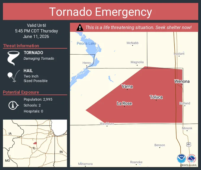 This graphic displays a tornado emergency plotted on a map. The warning is in effect until 5:45 PM CDT. The warning includes Toluca IL, Wenona IL and Varna IL.  This warning is for Eastern Marshall County in central Illinois. The threats associated with this warning are a observed tornado and two inch sized hail. There are 2,995 people in the warning along with 2 schools and 0 hospitals.