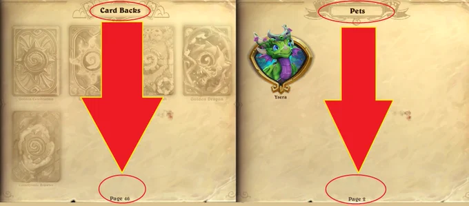 the image shows the collection manager: Card Backs already have 46 pages, while Pets are at 2 pages. NOW ITS THE TIME TO THINK ABOUT PET BATTLES!