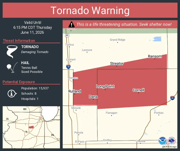 This graphic displays a tornado warning plotted on a map. The warning is in effect until 6:15 PM CDT. The warning includes Streator IL, Cornell IL and Ransom IL.  This warning is for Northwestern Livingston County in central Illinois and Southern La Salle County in north central Illinois. The threats associated with this warning are a observed tornado and tennis ball sized hail. There are 15,937 people in the warning along with 8 schools and 1 hospital.