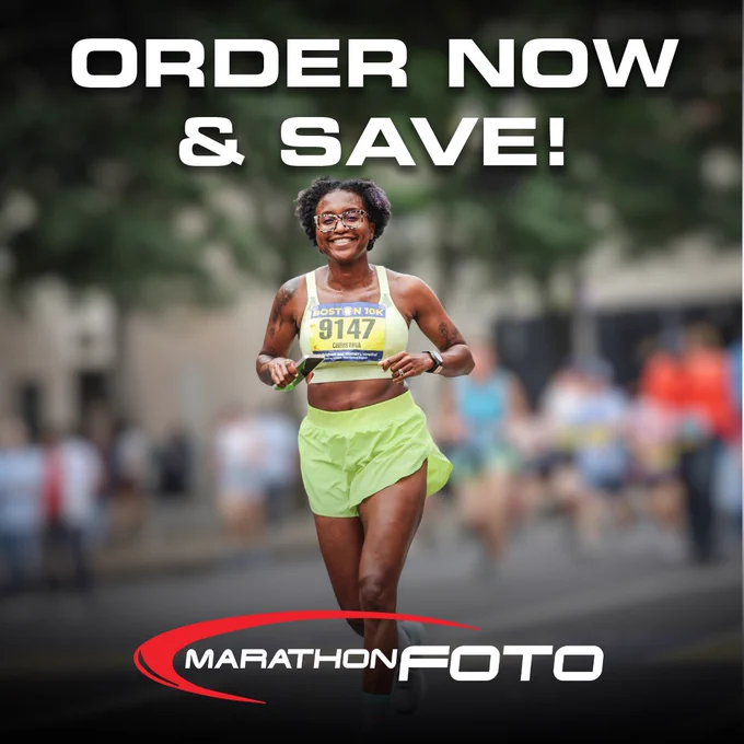 Graphic featuring an image of a 2025 Boston 10K participant with white text overlayed at the top center that reads “ORDER NOW & SAVE!” and the MarathonFoto logo overlayed at the bottom center