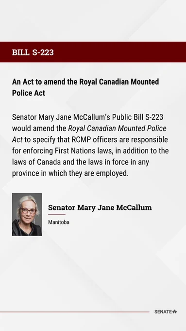 BILL S-223
An Act to amend the Royal Canadian Mounted Police Act

Senator Mary Jane McCallum’s Public Bill S-223 would amend the Royal Canadian Mounted Police Act to specify that RCMP officers are responsible for enforcing First Nations laws, in addition to the laws of Canada and the laws in force in any province in which they are employed.